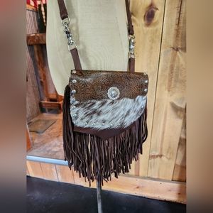 Brown cowhide fringe crossbody purse